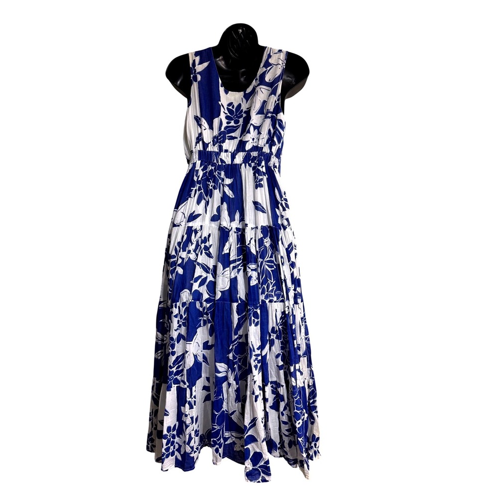 Vanya Desire Blue White Floral Cotton Maxi Dress Women SP Tiered Boho Sleeveless - Picture 2 of 8
